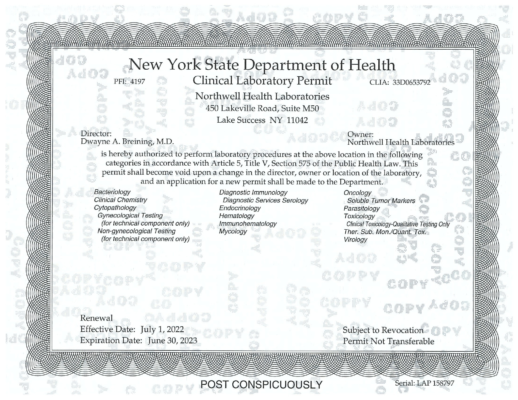 Northwell Health Laboratories – Lab Permit - Cerba Research
