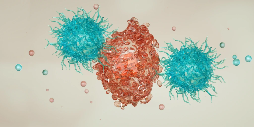 Cytotoxic,T,Cells,(blue),Attack,A,Cancer,Cell,(red).,Killer