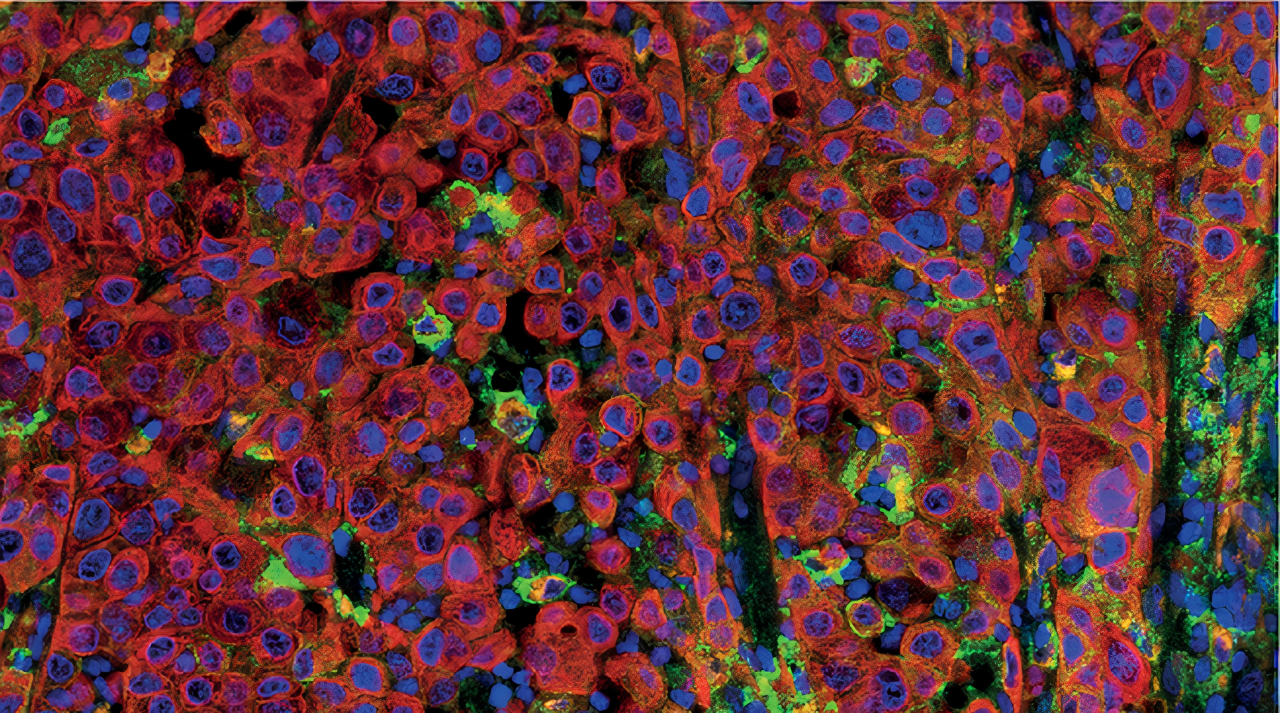 PanCK (Clone AE1/AE3, Red), CD68 (Clone KP1, Orange) and PD-L1 (Clone E1L3N, Green) multiplex IHC staining of Non-Small Cell Lung Cancer FFPE sample