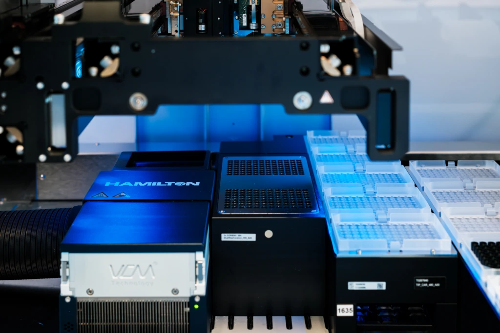 Automated liquid handling system prepared for laboratory sample processing.