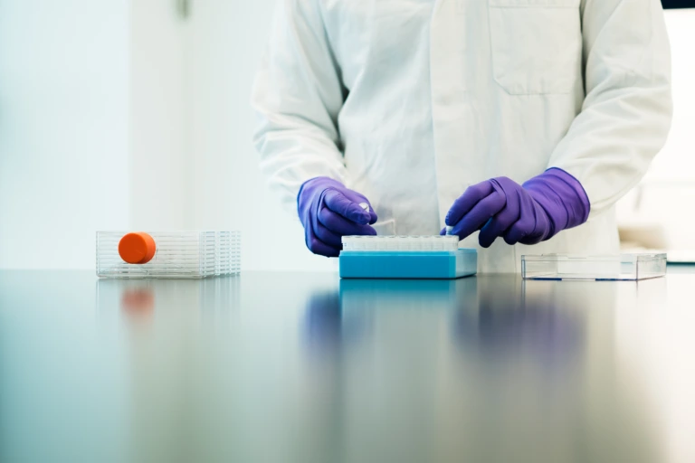Purple-gloved hands preparing laboratory sample tray