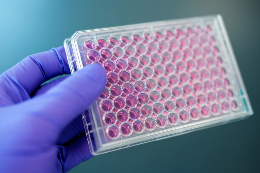 Close up of 96 well plate held by purple glove