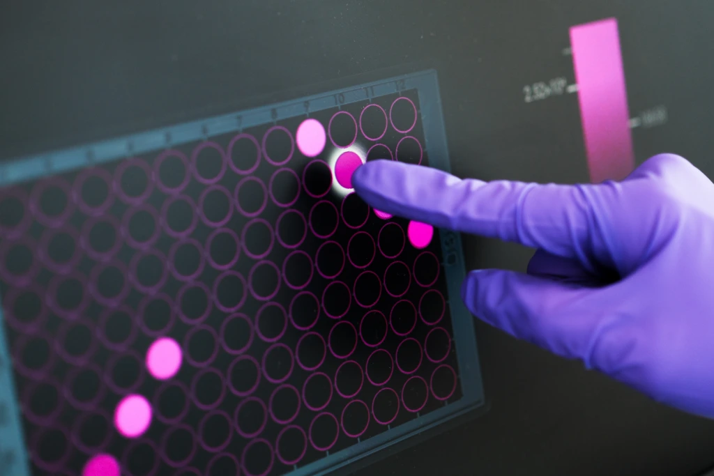 Close up of gloved hand pointing at microplate analysis screen