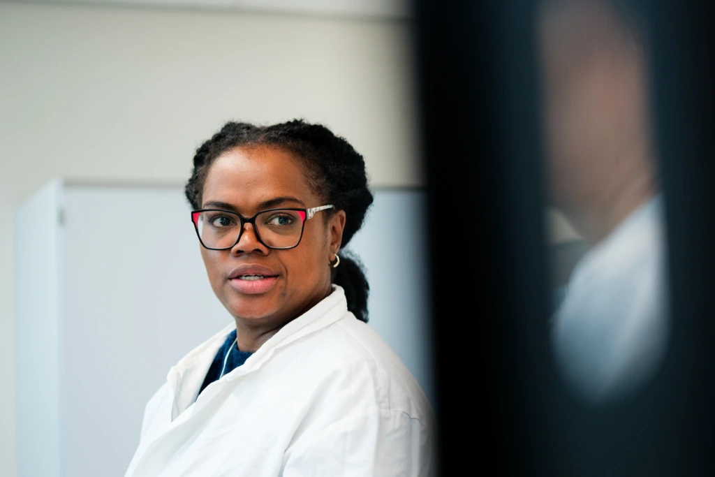 Portrait female scientist wearing laboratory glasses