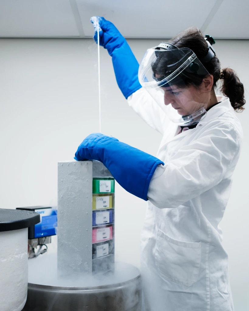 Scientist handling cryogenic sample storage container with protective equipment