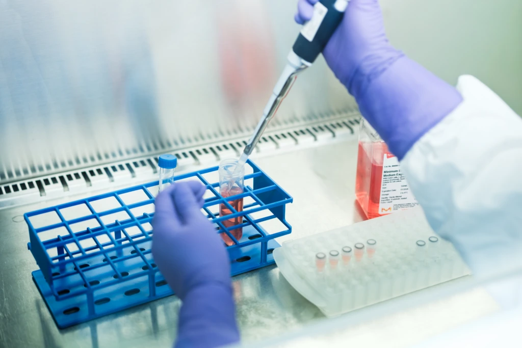 Close up of pipette dispensing samples inside biosafety cabinet