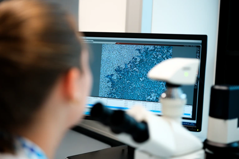 Scientist reviewing microscope imaging data on monitor
