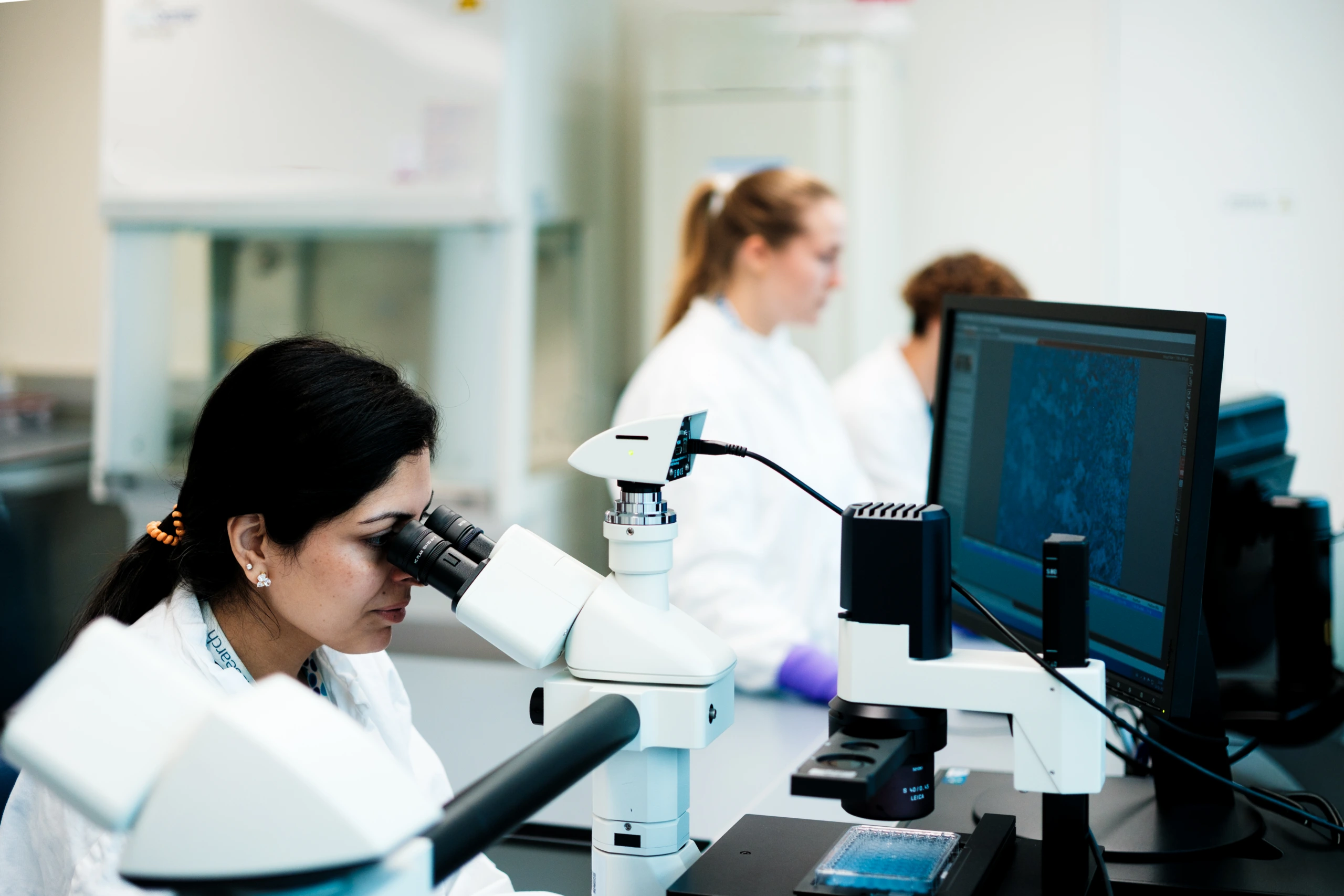 Scientists collaborating at microscopy workstation