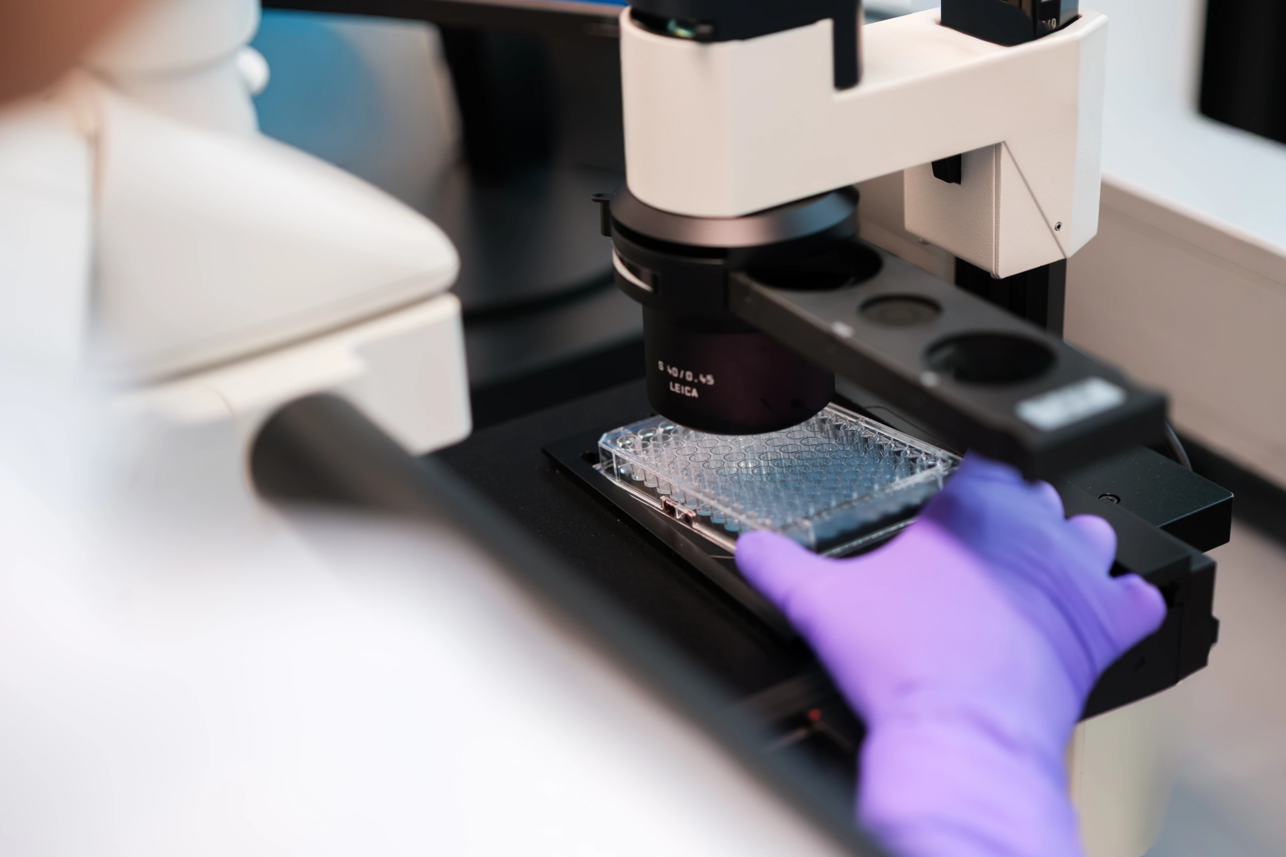 Close up of microscope analysing laboratory sample plate