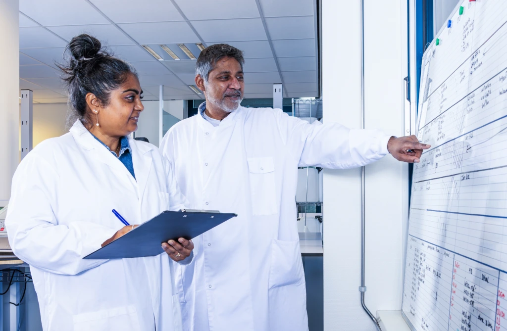 Medium shot of two scientists reviewing laboratory documentation