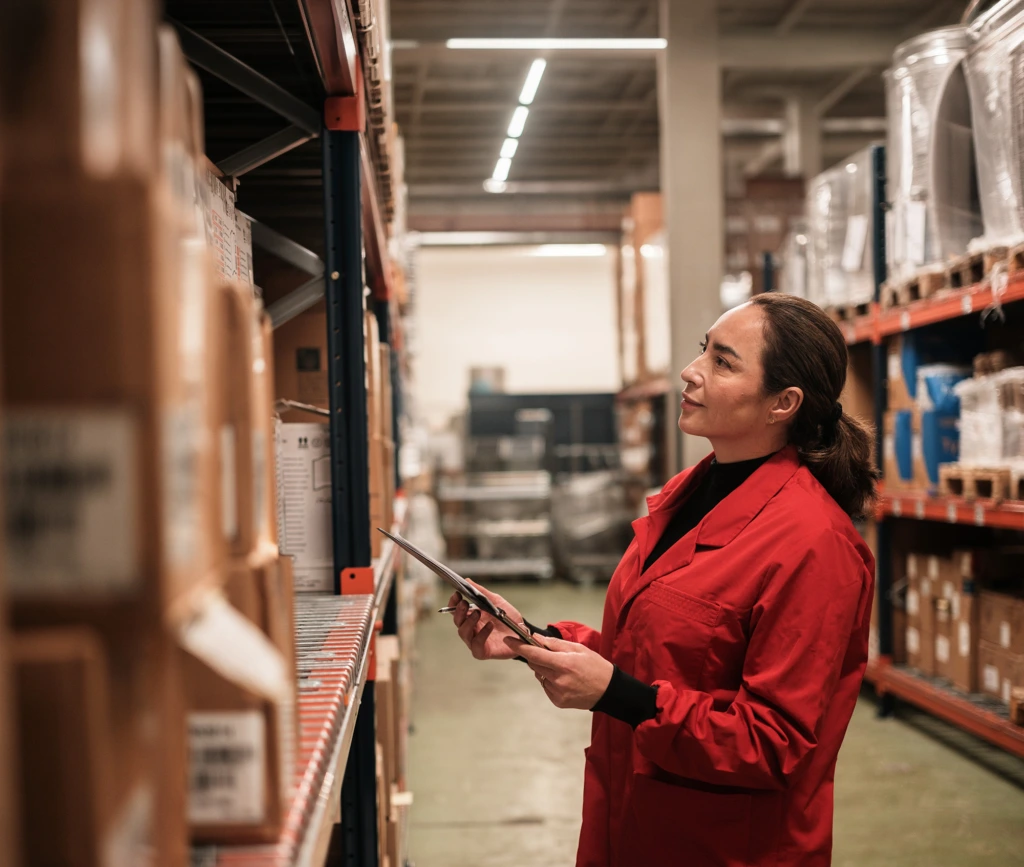Female warehouse worker checking stock inventory